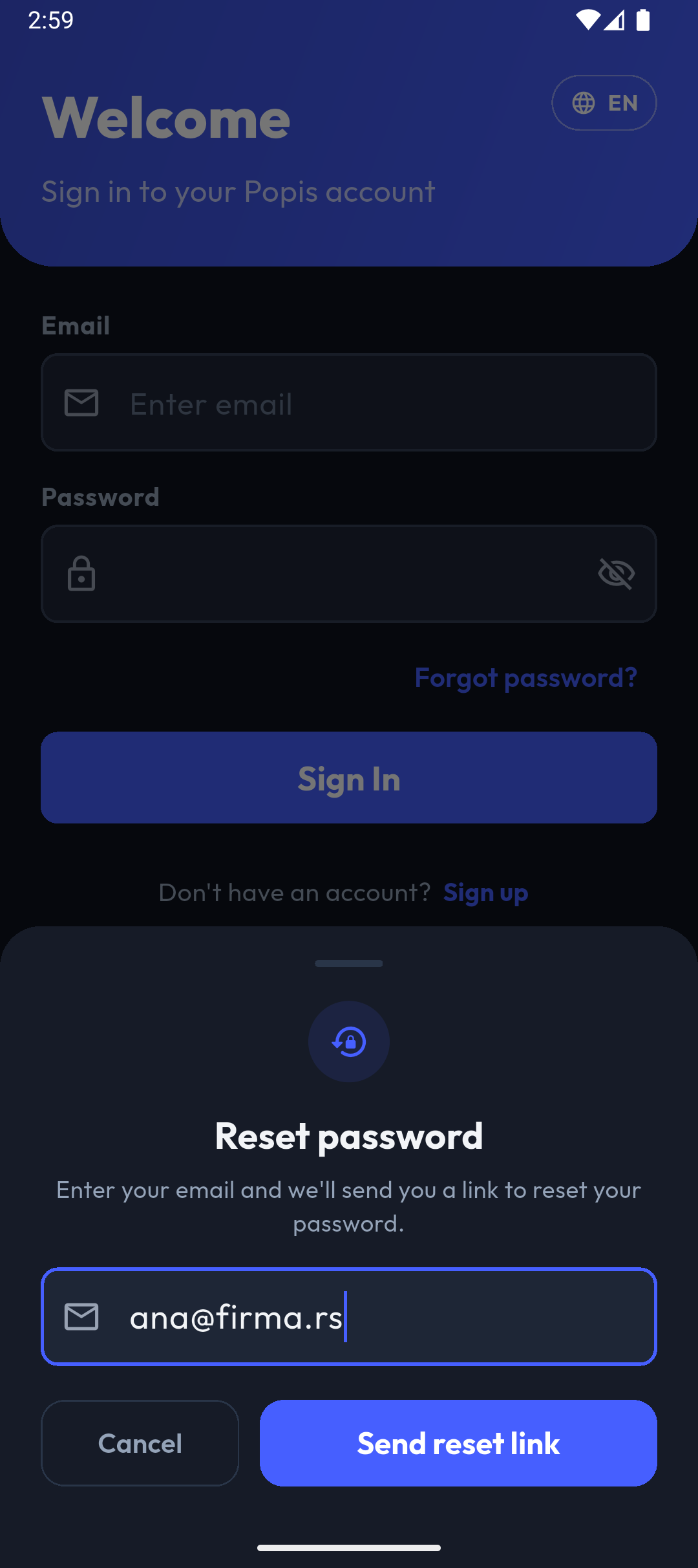 The “Reset password” sheet