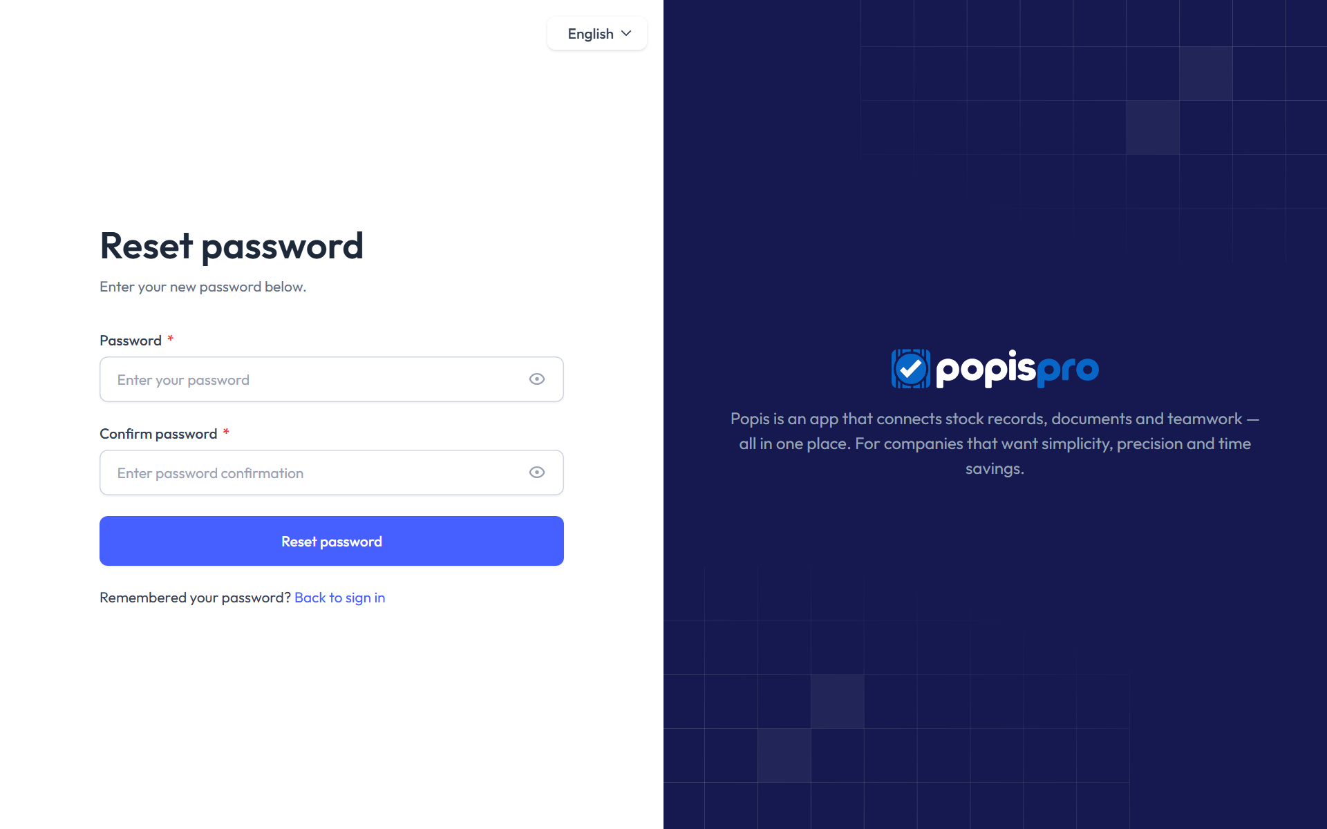 The page for entering a new password