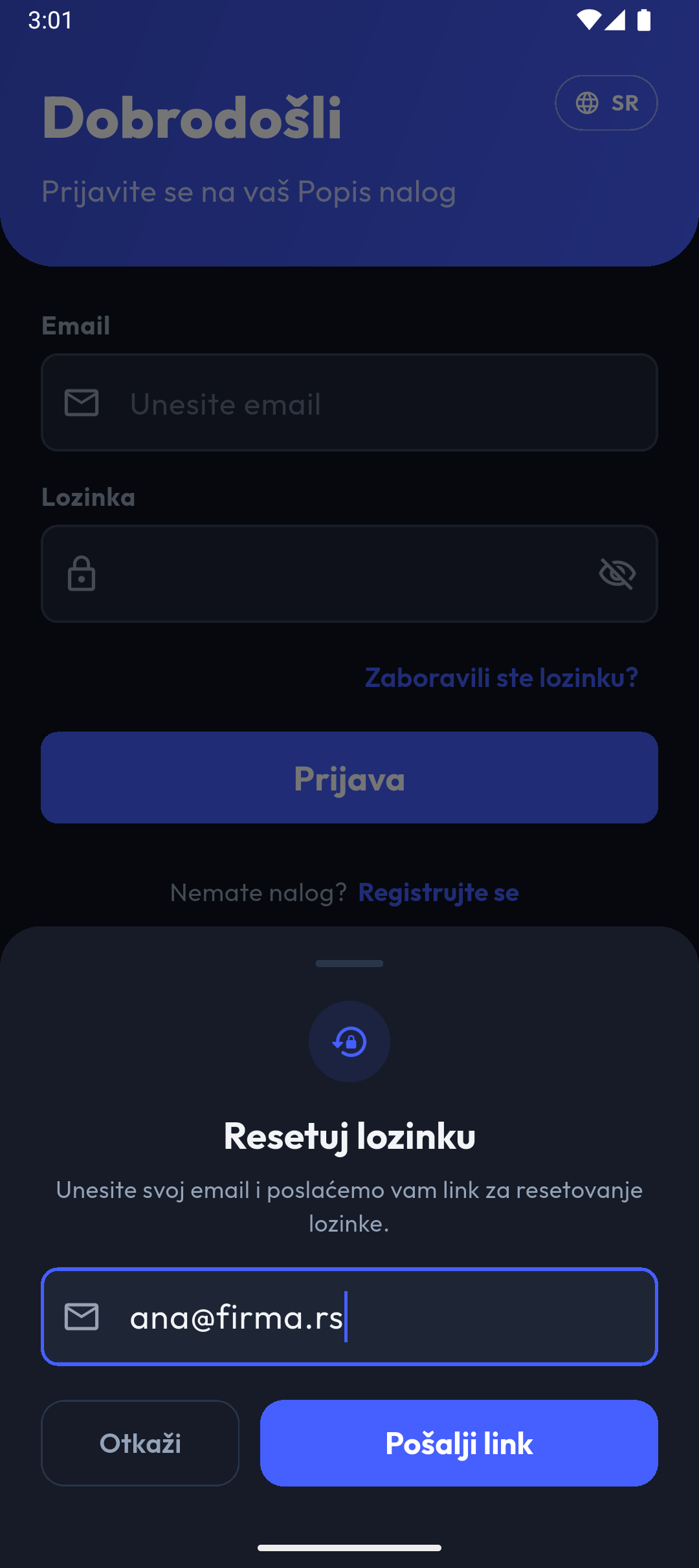 Prozor „Resetuj lozinku“