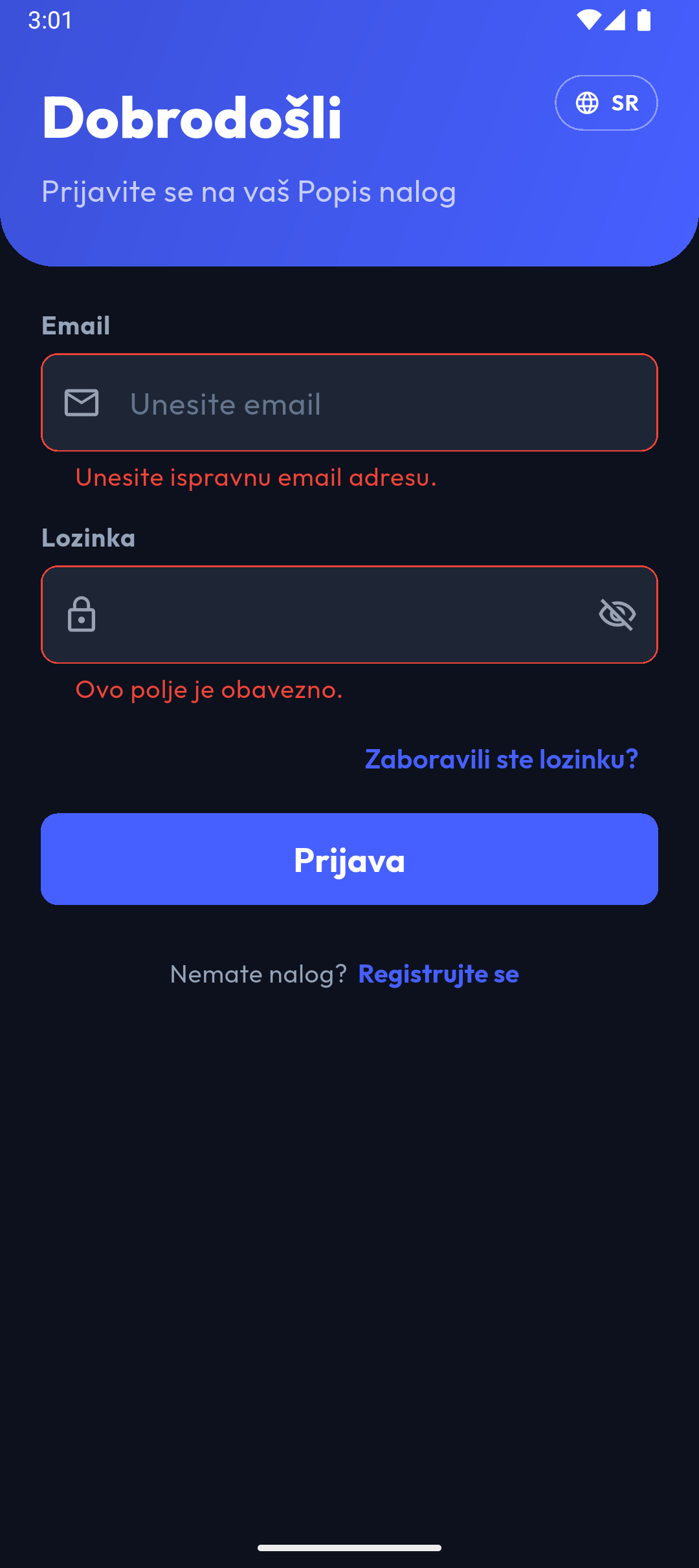 Poruke ispod neispravno popunjenih polja